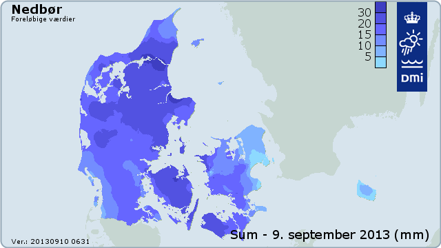 Nedbør i mandagsdøgnet den 9. september 2013.