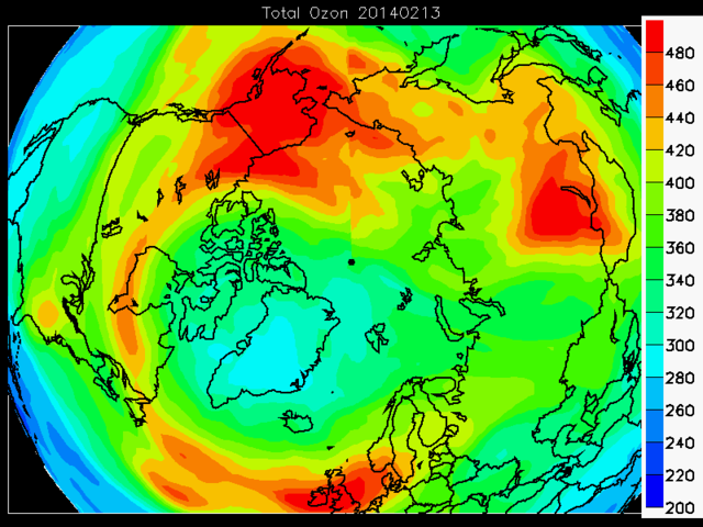 tykkelsen af ozonlaget den 13. februar 2014.