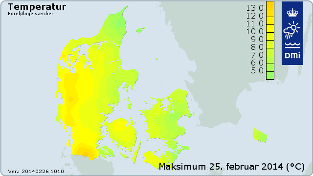 Temperaturer den 25. februar 2014.
