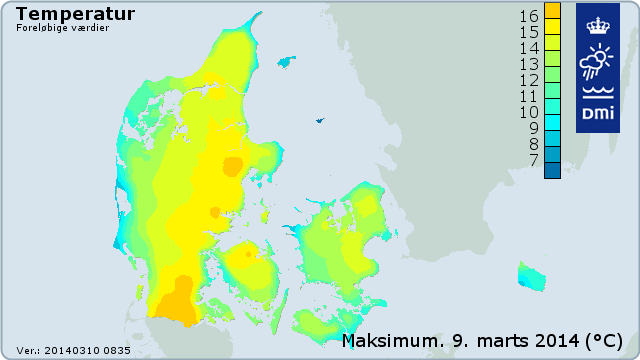 Maksimumtemperaturerne søndag den 9. marts 2014