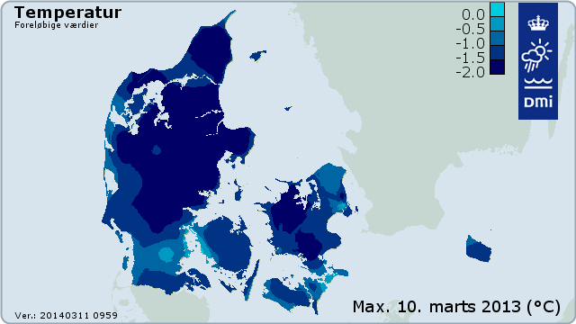 Døgnets højeste temperaturer den 10. marts 2013