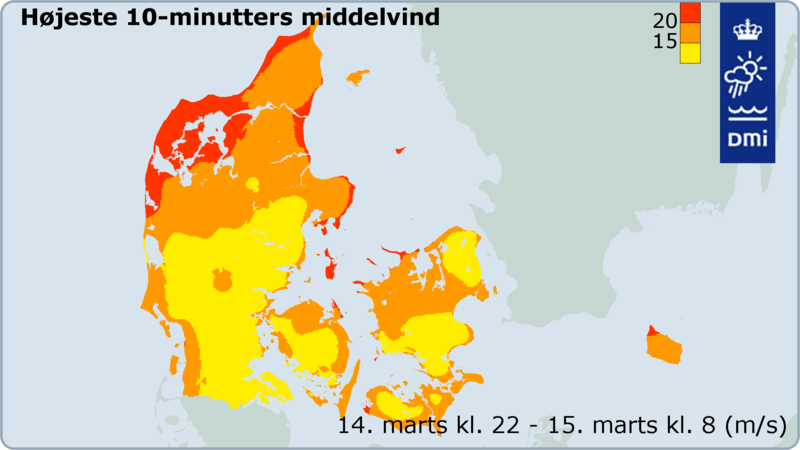 Højeste middelvind over Danmark frem til lørdag morgen.