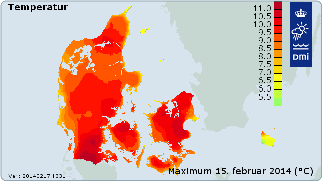 Maksimumtemperaturerne lørdag den 15. februar 2014