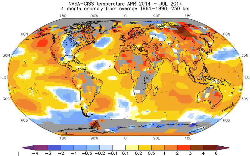 Afvigelser fra gennemsnitstemperaturen 1961-1990 for perioden april-juli 2014 og for hele Jorden
