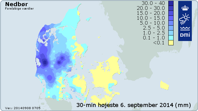 Største 30 minutters nedbørintensiteter i lørdagsdøgnet den 6. september 2014.