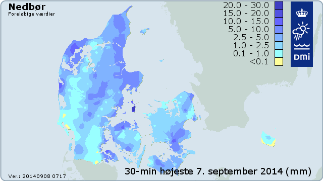 Største 30 minutters nedbørintensiteter i søndagsdøgnet den 7. september 2014