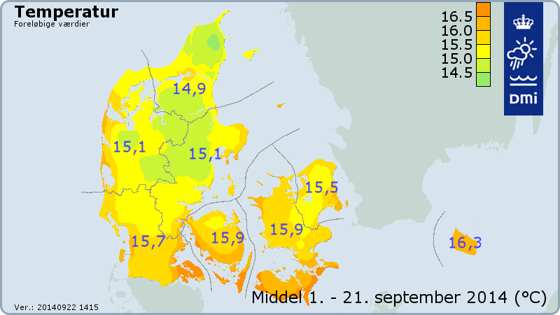 Middeltemperaturen i Danmark fra 1. til 21. september 2014