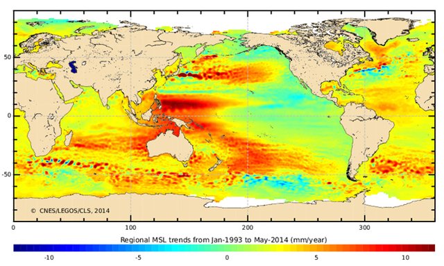 Lokale havniveau-tendenser fra 1993 til 2014 målt fra satellit.