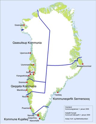 Kort over placeringen af grønlandske kommuner og nationalparken. Kilde: Asiaq