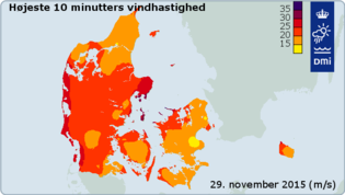 Den maksimale middelvind under stormen Gorm Den maksimale middelvind under stormen Gorm