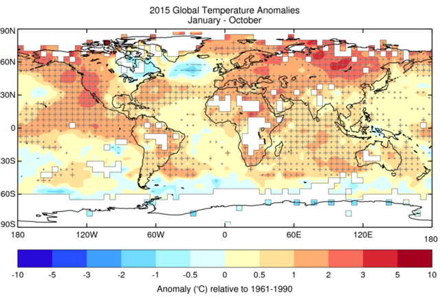 Gennemsnitlige temperaturanomalier for perioden januar-oktober 2015