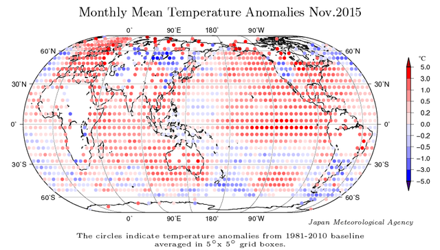 Globalt kort over afvigelserne i november 2015 fra gennemsnitstemperaturen i perioden 1981-2010