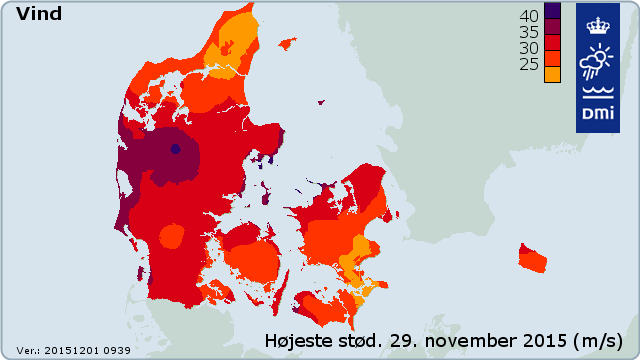 Vindstød fra Gorm: den regionale kategori 3-begivenhed 29. november 2015.