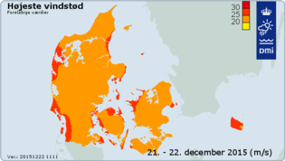 Højeste vindstød på 30,7 m/sek. blev målt ved Røsnæs Fyr. Højeste vindstød på 30,7 m/sek. blev målt ved Røsnæs Fyr.