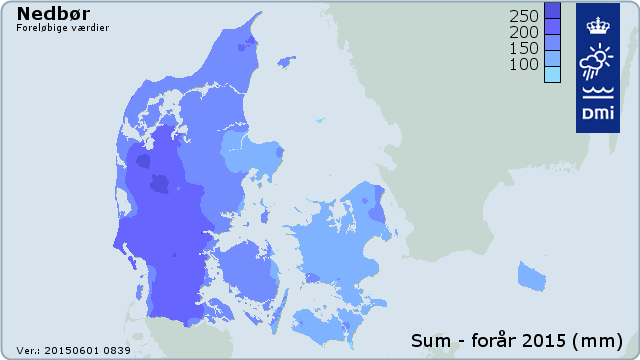 Fordelingen af nedbøren i Danmark i foråret 2015.