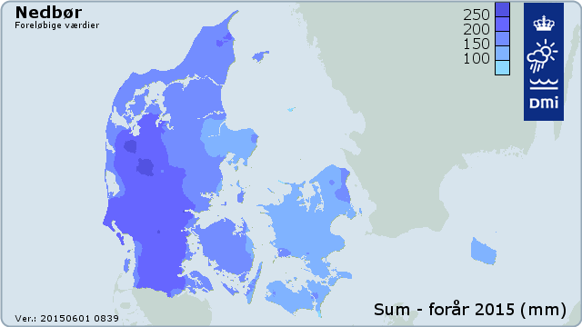 Fordelingen af nedbøren i Danmark i foråret 2015. 