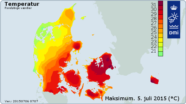 Højeste temperatur på 31,9°C blev målt den 5. juli 2015 ved Rønne.