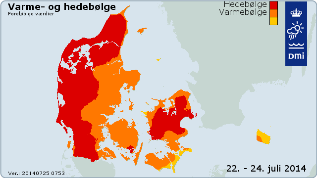 Kortet viser, hvordan Danmark var delt ind i varme- og hedebølge den 22. - 24. juli 2014. Kortet viser, hvordan Danmark var delt ind i varme- og hedebølge den 22. - 24. juli 2014.