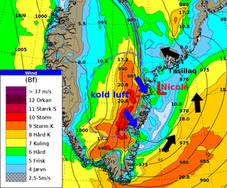 Kort over vind, lufttryk og cirkulation i Sydøstgrønland