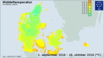 Danmarkskort over gennemsnitstemperatur