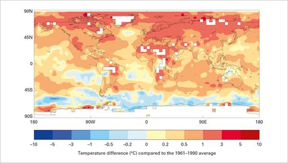 Kort over afvigelsen af den globale femårs middeltemperatur