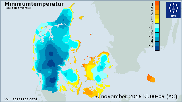 Minimumtemperatur i landet 3. november 2016