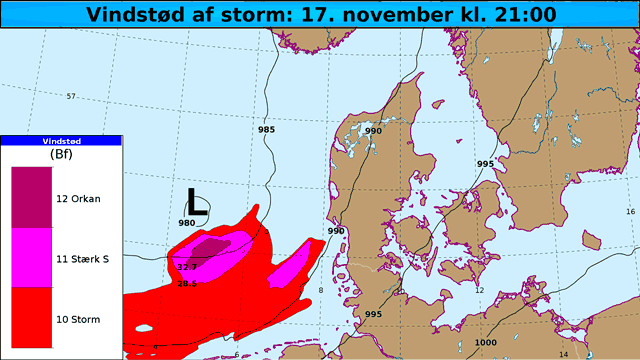 Gif over vindstød af stormstyrke over Danmark
