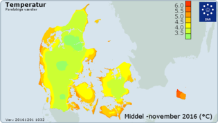 Kort over middeltemperaturen i november 2016