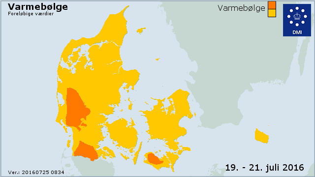 Danmarkskort med varme- og hedebølgefordeling