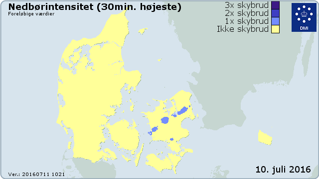 Danmarkskort over nedbørsintensitet