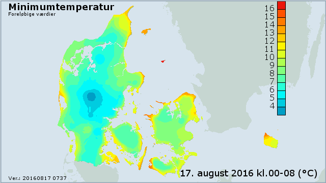 Danmarkskort minimumstemperatur 17. august