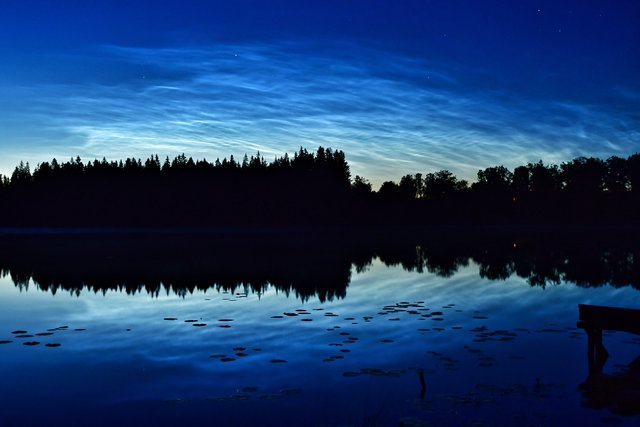 Blå skyer spejles i sø