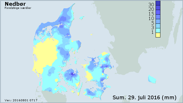 Danmarkskort over nedbørsfordeling 29. juli