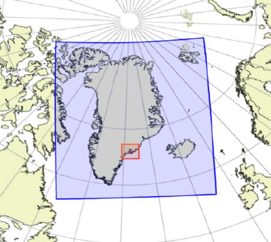 Udsnit af vejrmodel for hele Grønland og den nye model for Tasiilaq Udsnit af vejrmodel for hele Grønland og den nye model for Tasiilaq