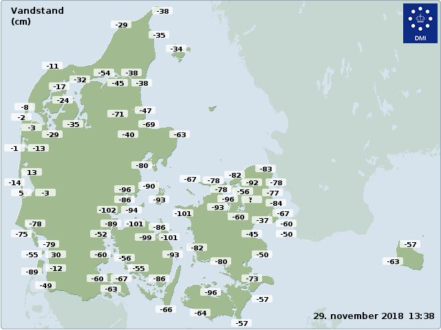 Kort over Danmark med vandstand