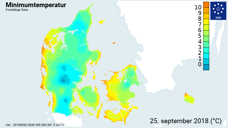 Minimumtemperaturer for 25. september 2018