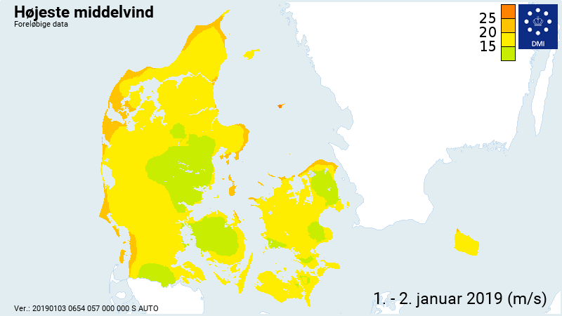 Kort over Danmark viser højeste middelvind Kort over Danmark viser højeste middelvind