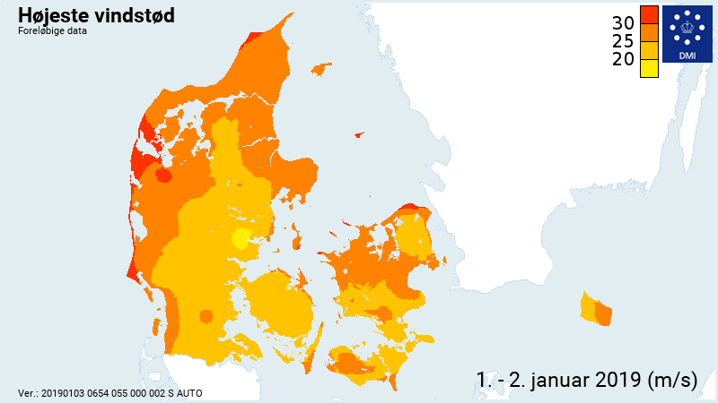 Kort over Danmark viser højeste vindstød