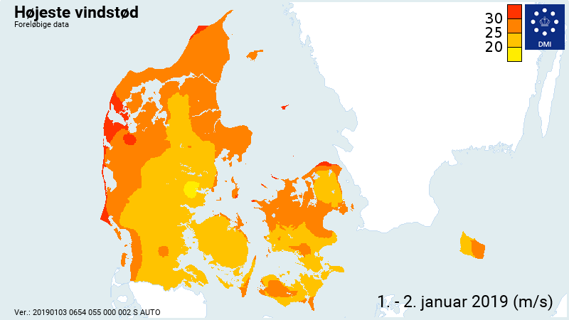 Kort over Danmark viser højeste vindstød Kort over Danmark viser højeste vindstød