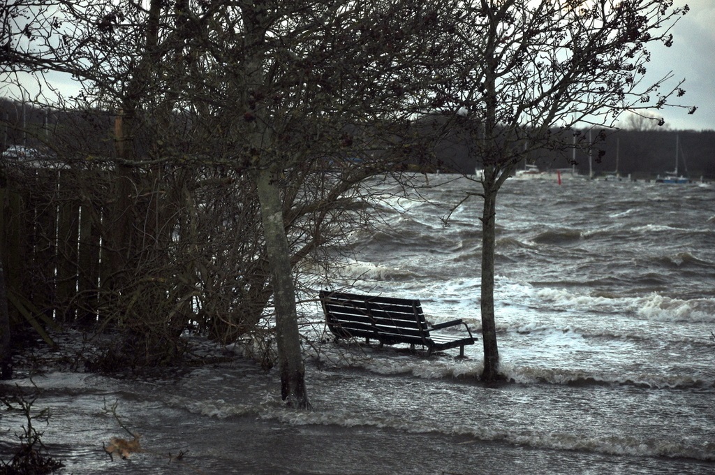Forhøjet vandstand ved Roskilde Fjord under stormen Bodil i december 2013.