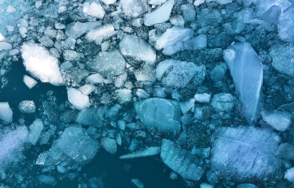 Stykker af havis flydende i hav