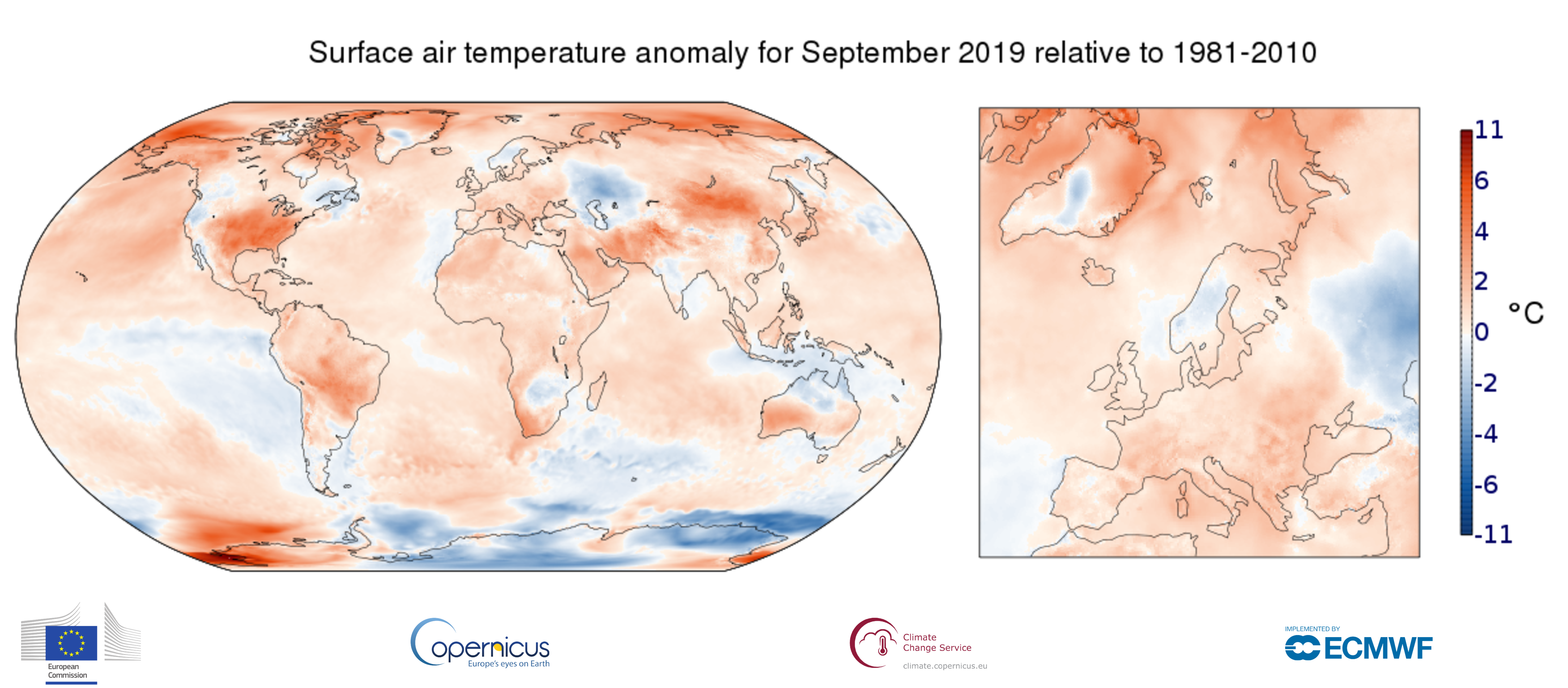 Temperaturafvigelserne fra normalen for september 2019
