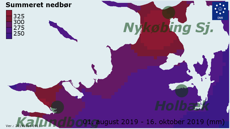 Den samlede nedbørsmængde for Nordvestsjælland når der ses på perioden 1. august til i dag den 16. oktober omkring middagstid