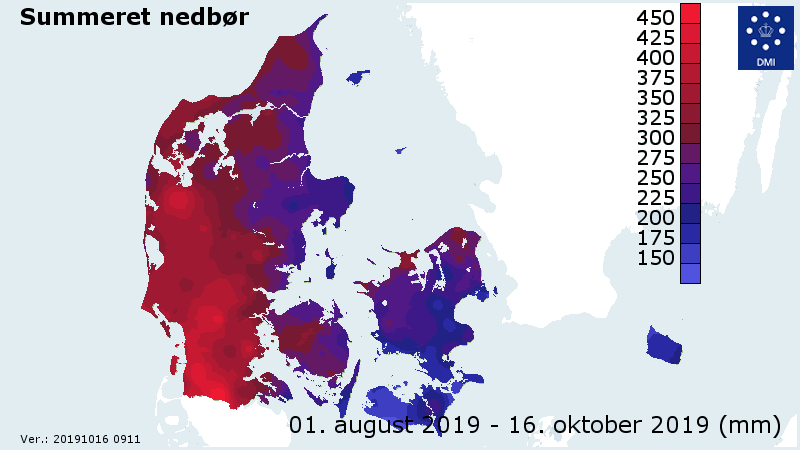 Den samlede nedbørsmængde for Danmark når der ses på perioden 1. august til i dag den 16. oktober omkring middagstid