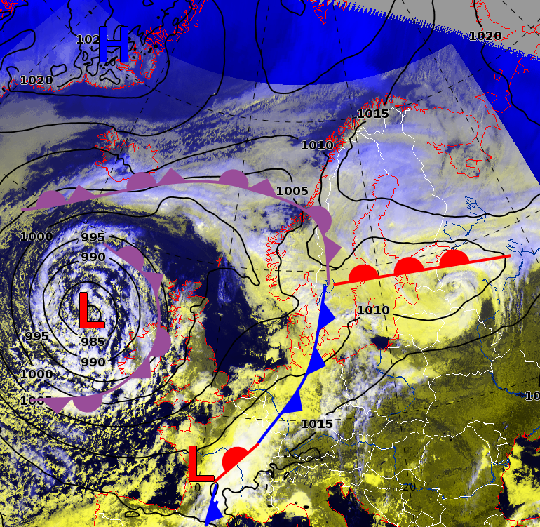 Satellitbillede overlagt et vejrkort