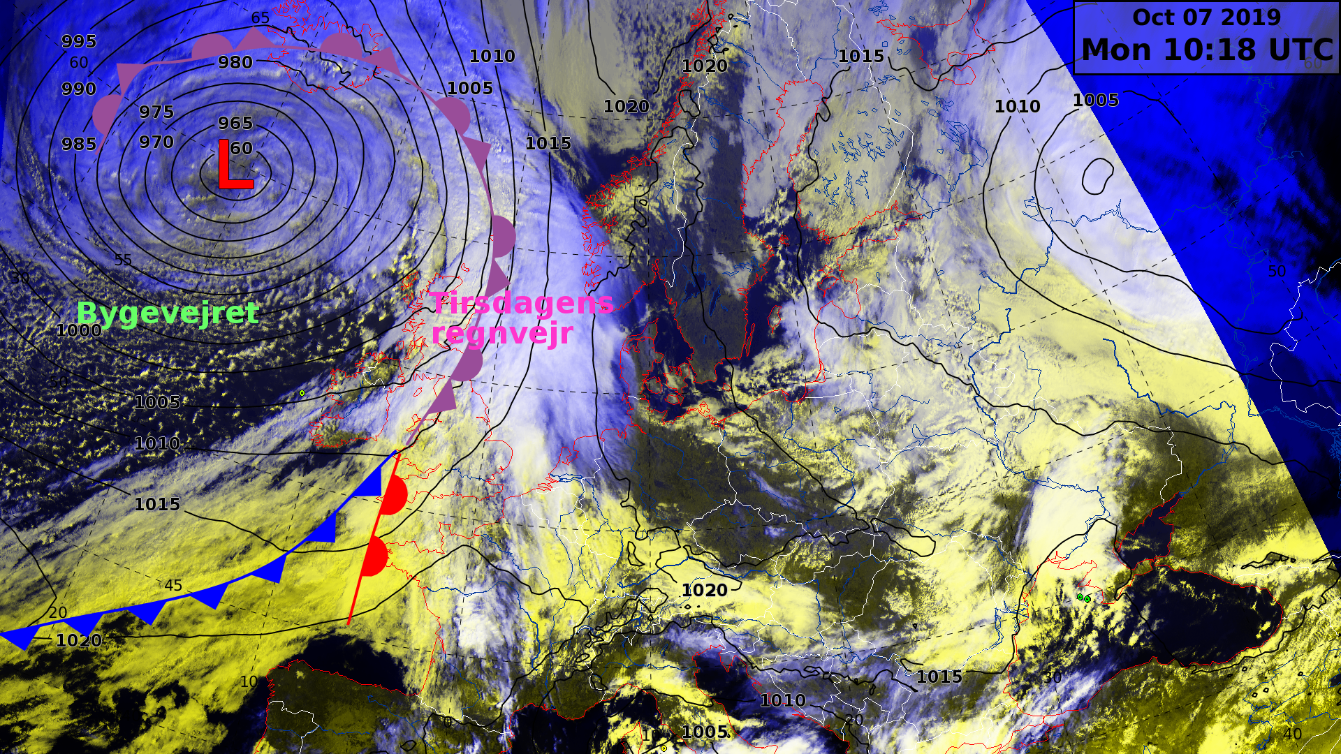 Satellitbilede overlagt et vejrkort Satellitbilede overlagt et vejrkort