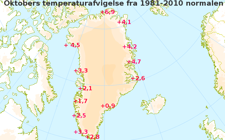 Oktobers afvigelse fra den normale middeltemperatur