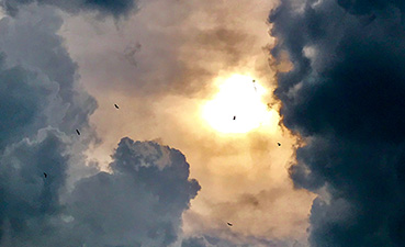 Mørke skyer på himmel med sol i baggrunden
