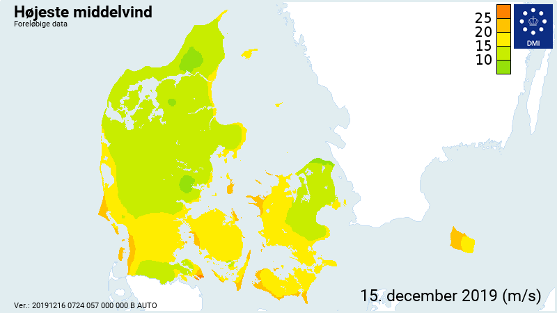 Kort over de kraftigste målte middelvinde søndag den 15. december