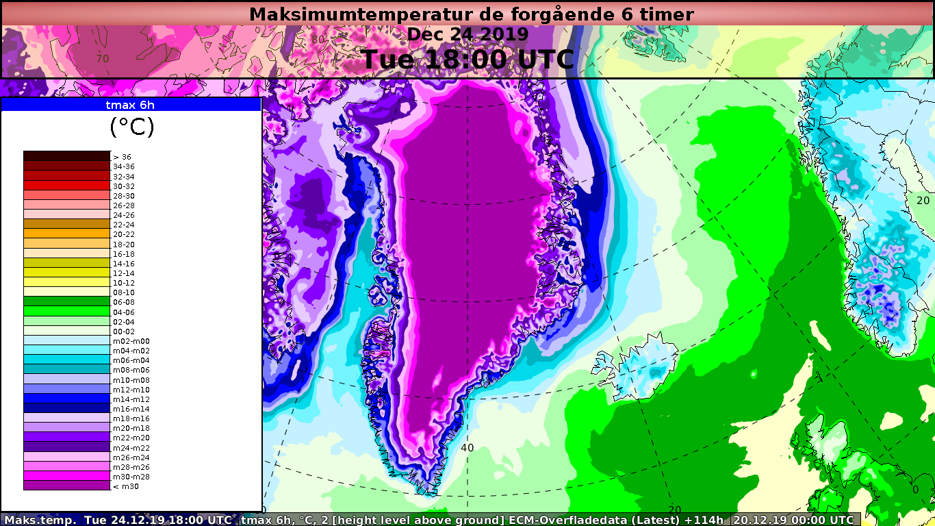 Temperaturprognose for Grønland juleaftensdag